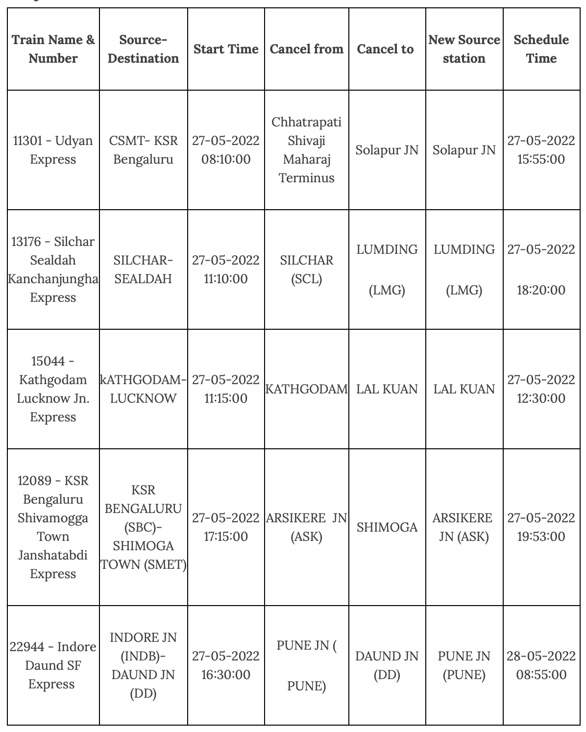 List of some of the partially cancelled trains on May 27, 2022